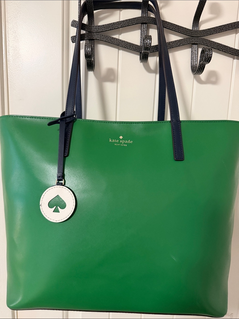 kate spade Green Tote with Navy Handles and White Charm